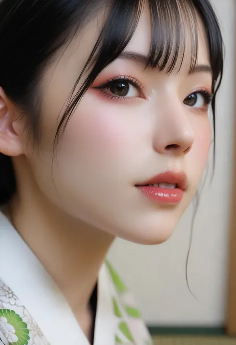 zPDXLrl,score_9, score_8_up, score_7_up, A hyper realistic ultra detailed photo of beautiful woman,
traditional geisha hair,black hair,realistic,tightly cropped composition,
(realistic skin:1.1), cute, petite body, perky boobs,
<lora:perfect-eyes:0.8> eyes, perfecteyes,
side view,
face focus ,
looking at viewer,
bashful ,portrait,close up,
Inside a japanese inn, tatami mats, detailed and intricate environment, wearing a traditional geisha outfit, kimono,geisha makeup,kneeling,