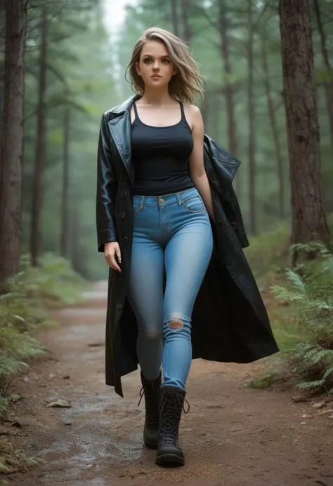 score_9, score_8_up, score_7_up, source_anime, 1girl, curvy body, 23 years old, fair skin, blue eyes, medium breasts, dirty blonde hair, jeans, hiking boots, braless, tanktop, (black leather trench coat), walking in dark forest, (at night:1.5)