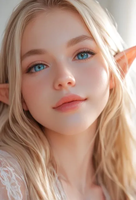 Close-up details, realistic style photo young elf, blonde hair, long hair, outstanding style, tall, cute, in her teens. Use soft lighting to cast gentle shadows on the subject, adding a touch of dimension to your images without compromising details, score_9, score_8_up, score_7_up