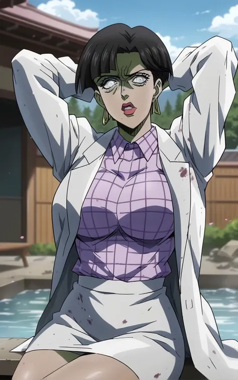 score_9, score_8_up, score_7_up, looking at viewer, BREAK
Zombie_JoJoStardustCrusade_Nurse_ownwaifu, zombie,
1girl, black hair, earrings, short hair, jewelry, white eyes, lipstick, large breasts, no pupils, blank eyes, bangs, colored skin, hoop earrings, makeup, lips,
checkered clothes, long coat, long sleeves, purple shirt, labcoat, collared shirt, shirt, skirt, white coat, plaid shirt, striped shirt,
(sitting, soaking feet, arms behind head), onsen, mount fuji, cherry blossoms, outdoors,<lora:PONYXL_JoJoStardustCrusade_Nurse_ownwaifu:0.7>, depth of field, solo,