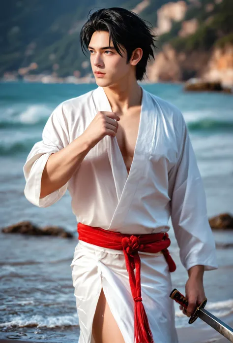 1boy, Long Shot,Ancient Chinese men looking into camera,holding sword in hand,Sea of clouds billowing,gentle eyes,black Straight hair,three-dimensional facial features,wearing White clothing ,red belt,flowing cloth,Ancient Chinese idol drama style,panorama,super realistic,super realistic,super realistic,photo,illustration,high detail,hyper quality,8K