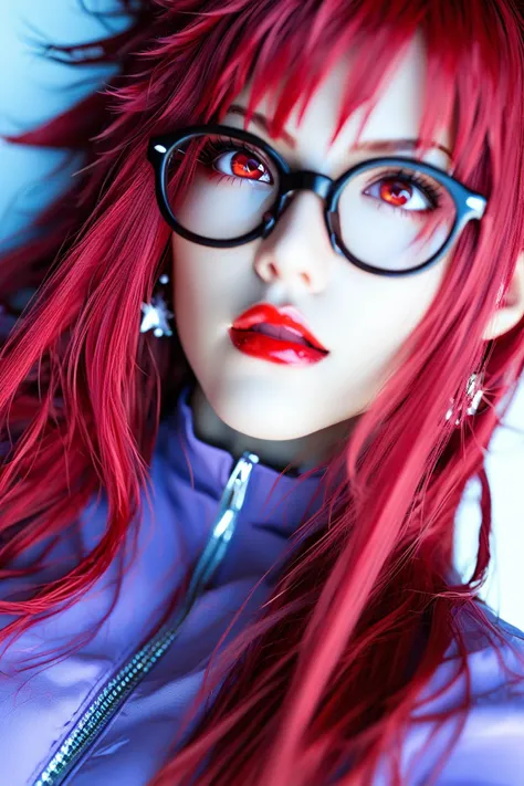 realism photograph style, exaggerated composition, , Karin Uzumaki, red eyes, red eye color, red hair, long hair, spiky hair on left side, glasses, round cute face, long hair, earrings lipstick, wears her purple jacket, cheast is shown, <lora:naruto_karinuzumaki_ponyXL:1>
high resolution, detailed shooting, epic picture style, night time, look up, score_9, score_8_up, score_7_up