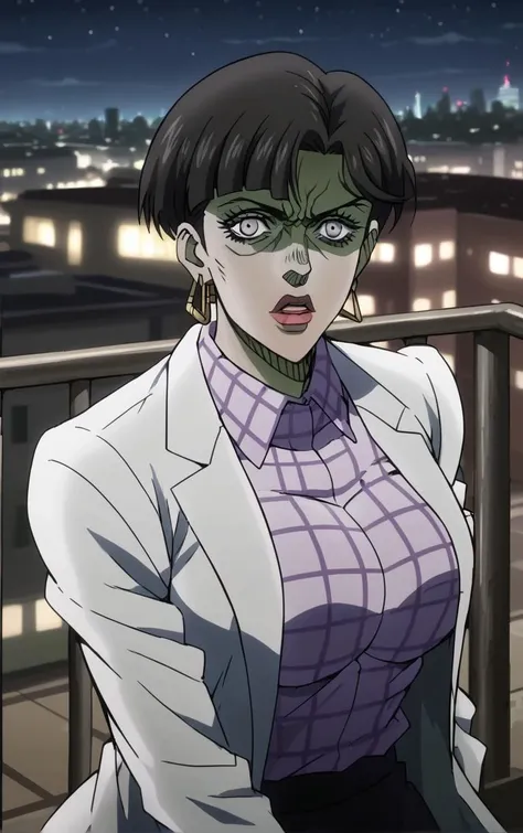 score_9, score_8_up, score_7_up, looking at viewer, BREAK
Zombie_JoJoStardustCrusade_Nurse_ownwaifu, zombie,
1girl, black hair, earrings, short hair, jewelry, white eyes, lipstick, large breasts, no pupils, blank eyes, bangs, colored skin, hoop earrings, makeup, lips,
checkered clothes, long coat, long sleeves, purple shirt, labcoat, collared shirt, shirt, skirt, white coat, plaid shirt, striped shirt,
(standing, arm_support), railing, cityscape, night, city, city lights, scenery, starry sky, outdoors, <lora:PONYXL_JoJoStardustCrusade_Nurse_ownwaifu:0.8> , depth of field, solo,