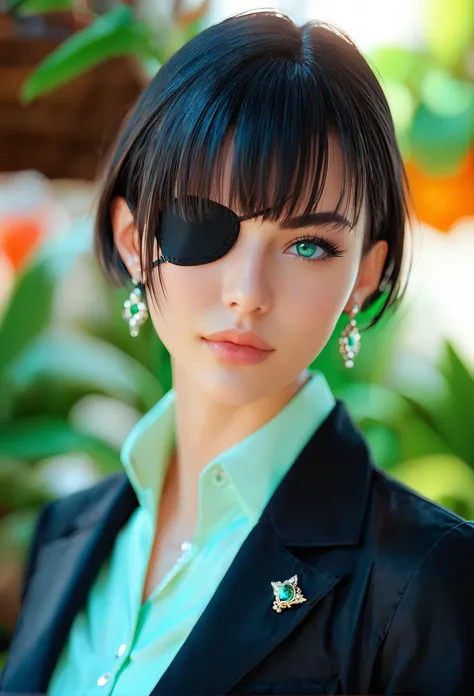 score_9, score_8_up, score_7_up, i want the whole image to be created in realistic style, 1girl, solo, looking at viewer, short hair, bangs, shirt, black hair, jewelry, closed mouth, green eyes, upper body, earrings, collared shirt, blurry, aqua eyes, lips, black jacket, eyelashes, blurry background, eyepatch, brooch, portrait, one eye covered