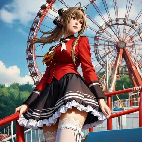 score_9, score_8_up, score_8,
1girl, <lora:AmagiBrilliantPark_SentoIsuzuXL:1> , long hair, ponytail, brown hair, antenna hair, hair intakes, brown eyes, hair bow,
red jacket, epaulettes, aiguillette, neck ribbon, white ribbon, long sleeves, multicolored skirt, frilled skirt, black skirt, white thighhighs,
outdoors, amusement park, ferris wheel,
g0thicPXL,