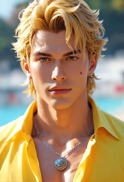 score_9, score_8_up, score_7_up, i want the whole image to be created in 3D anime style, solo, looking at viewer, blonde hair, shirt, 1boy, jewelry, collarbone, upper body, male focus, earrings, collared shirt, necklace, blurry, lips, depth of field, pectorals, portrait, pendant, yellow shirt, realistic, birthmark, dio brando