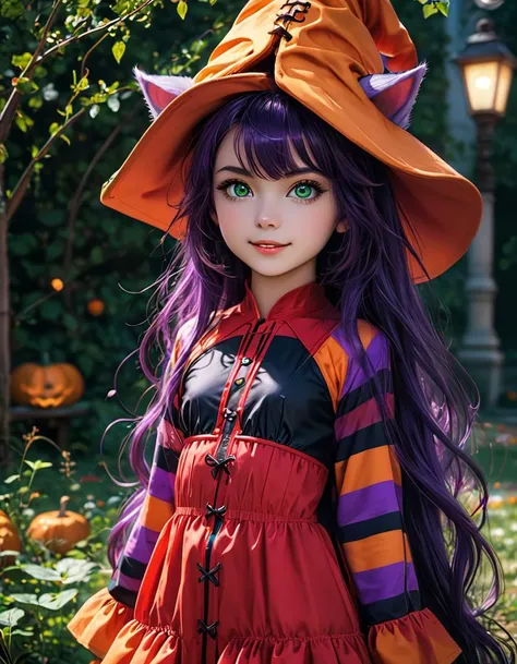 score_9, score_8_up, score_8, small breasts, (curvy), cute, eyelashes,
BREAK, ,
(Halloween), pumpkins,
,ð,
zzLulu, long hair, purple hair, green eyes, animal ears, witch hat, purple skin, ears through headwear, very long hair, long sleeves, hat, dress, red dress, red headwear, ears through headwear, striped sleeves, yordle
,ð,
smile, looking at viewer, cowboy shot, zPDXL,, embedding:safe_pos, flat chest
