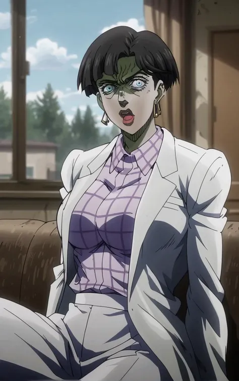 score_9, score_8_up, score_7_up, looking at viewer, BREAK
Zombie_JoJoStardustCrusade_Nurse_ownwaifu, zombie,
1girl, black hair, earrings, short hair, jewelry, white eyes, lipstick, large breasts, no pupils, blank eyes, bangs, colored skin, hoop earrings, makeup, lips,
checkered clothes, long coat, long sleeves, purple shirt, labcoat, collared shirt, shirt, skirt, white coat, plaid shirt, striped shirt,
(sitting, spread legs), arms behind back, couch, window shade, indoors, <lora:PONYXL_JoJoStardustCrusade_Nurse_ownwaifu:0.95> , depth of field, solo,
