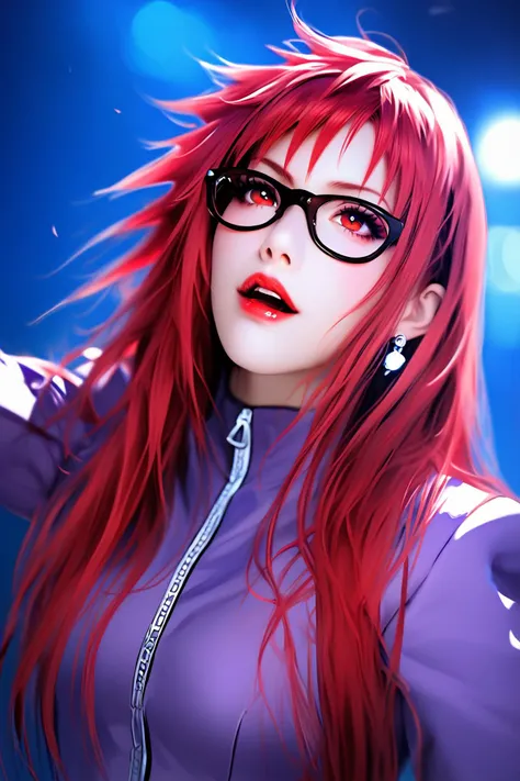 realism photograph style, exaggerated composition, , Karin Uzumaki, red eyes, red eye color, red hair, long hair, spiky hair on left side, glasses, round cute face, long hair, earrings lipstick, wears her purple jacket, cheast is shown, <lora:naruto_karinuzumaki_ponyXL:1>
high resolution, detailed shooting, epic picture style, night time, look up, score_9, score_8_up, score_7_up
