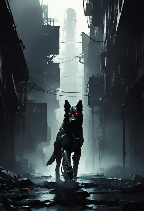 dystopian style score_9, score_8_up, score_7_up, Abandoned cyberpunk cityscape, from below, android German Shepard dog, walking down a dimly lit alley at night, cybernetic implants, mechanical parts, robotic components, dimly glowing eyes, fog, atmospheric perspective, (rim lighting:1.2), capturing the cold efficiency of artificial intelligence also potential beauty, . bleak, post-apocalyptic, somber, dramatic, highly detailed