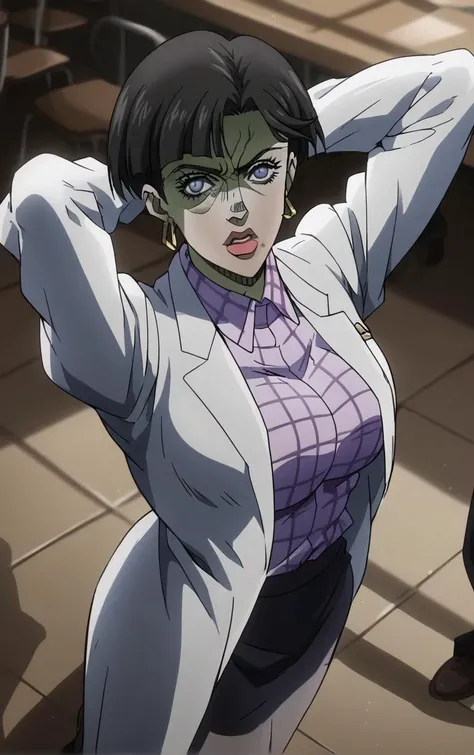 score_9, score_8_up, score_7_up, looking at viewer, BREAK
Zombie_JoJoStardustCrusade_Nurse_ownwaifu, zombie,
1girl, black hair, earrings, short hair, jewelry, white eyes, lipstick, large breasts, no pupils, blank eyes, bangs, colored skin, hoop earrings, makeup, lips,
checkered clothes, long coat, long sleeves, purple shirt, labcoat, collared shirt, shirt, skirt, white coat, plaid shirt, striped shirt,
(watson cross, arms behind head, full body), spotlight, shadow, simple background, shoes, from above, looking up, <lora:PONYXL_JoJoStardustCrusade_Nurse_ownwaifu:0.8> , depth of field, solo,