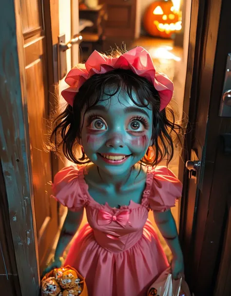 score_9, score_8_up, score_7_up, score_6_up,
cute picture,
top view:1.4,
cute little zombie girl,gaunt skin, torn skin, she looks up with her two big eyes with empty sockets, a big cute smile crosses her face, despite her decomposing face, she is pretty and proud of her pink princess costume, she stands in front of her a pumpkin bag filled with treats, it seems very big compared to the size of the zombie girl, it is night, she is lit by the light of the open door to which she has just rung to ask for Halloween treats, embedding:civit_nsfw