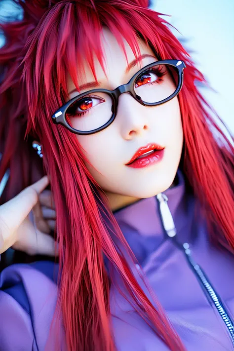 realism photograph style, exaggerated composition, , Karin Uzumaki, red eyes, red eye color, red hair, long hair, spiky hair on left side, glasses, round cute face, long hair, earrings lipstick, wears her purple jacket, cheast is shown, <lora:naruto_karinuzumaki_ponyXL:1>
high resolution, detailed shooting, epic picture style, night time, look up, score_9, score_8_up, score_7_up