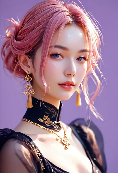 score_9, score_8_up, score_7_up, Beautiful girl with pink hair, golden earrings and a gold necklace wearing a black dress against a purple and silver background in the style of Chinese anime with oil painting strokes