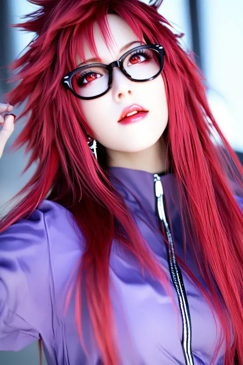 realism photograph style, exaggerated composition, , Karin Uzumaki, red eyes, red eye color, red hair, long hair, spiky hair on left side, glasses, round cute face, long hair, earrings lipstick, wears her purple jacket, cheast is shown, <lora:naruto_karinuzumaki_ponyXL:1>
high resolution, detailed shooting, epic picture style, night time, look up, score_9, score_8_up, score_7_up