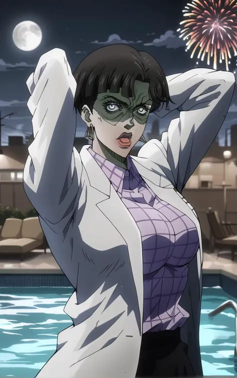 score_9, score_8_up, score_7_up, looking at viewer, BREAK
Zombie_JoJoStardustCrusade_Nurse_ownwaifu, zombie,
1girl, black hair, earrings, short hair, jewelry, white eyes, lipstick, large breasts, no pupils, blank eyes, bangs, colored skin, hoop earrings, makeup, lips,
checkered clothes, long coat, long sleeves, purple shirt, labcoat, collared shirt, shirt, skirt, white coat, plaid shirt, striped shirt,
(contrapposto, arms behind head, aerial fireworks), wading, neon_lights, cityscape, night, pool, full moon, outdoors, <lora:PONYXL_JoJoStardustCrusade_Nurse_ownwaifu:0.9> , depth of field, solo,