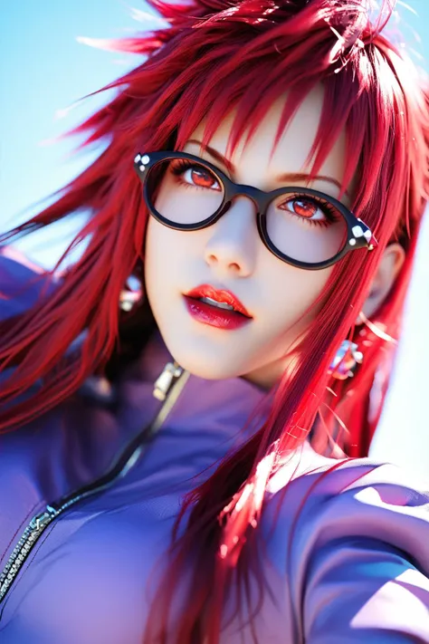 realism photograph style, exaggerated composition, , Karin Uzumaki, red eyes, red eye color, red hair, long hair, spiky hair on left side, glasses, round cute face, long hair, earrings lipstick, wears her purple jacket, cheast is shown, <lora:naruto_karinuzumaki_ponyXL:1>
high resolution, detailed shooting, epic picture style, night time, look up, score_9, score_8_up, score_7_up