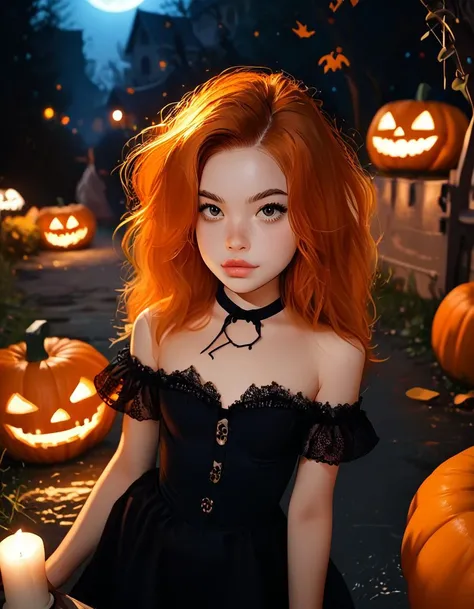 embedding:safe_pos, score_9, score_8_up, score_8_up, godrays, Halloween party, spooky, costume, pumpkins, candles, Kim Possible, orange hair, witch, freckles, sexy, witch outfit, party, cute ghosts, pumpkins, jack-o'-lantern, dynamic angle,, flat chest