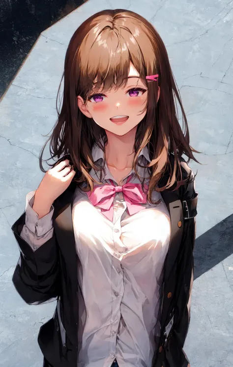 1girl, backpack, bangs, black_jacket, black_shirt, blunt_bangs, breasts, collarbone, collared_shirt, eyebrows_visible_through_hair, face, grey_background, hair_ornament, hairclip, hand_up, handheld_game_console, hood, hooded_jacket, jacket, large_breasts, light_brown_hair, long_sleeves, looking_at_viewer, medium_hair, nanami_chiaki, official_style, open_mouth, pink_eyes, pink_footwear, pink_ribbon, pleated_skirt, ribbon, shirt, short_hair, simple_background, skirt, smile, teeth, upper_teeth, white_shirt <lora:style_senji:1>