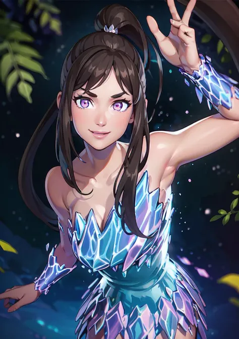 (best quality, masterpiece:1.4), forest, close-up, 1woman, looking at viewer, from above, seductive smile, perfect anime face, (long pink ponytail:1), silver top, silver skirt, ((pink arm armor)), <lora:ariana_fortnite_godess_1:1>