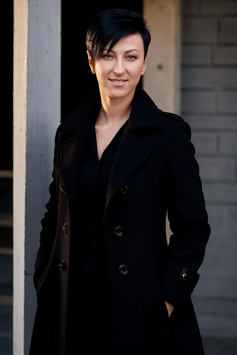 <lora:EmyliaArgan_v2:0.8> emyliaargan, short hair, dark hair, dark, shadows, dark background, dramatic light, smile, outside, pants, coat,
