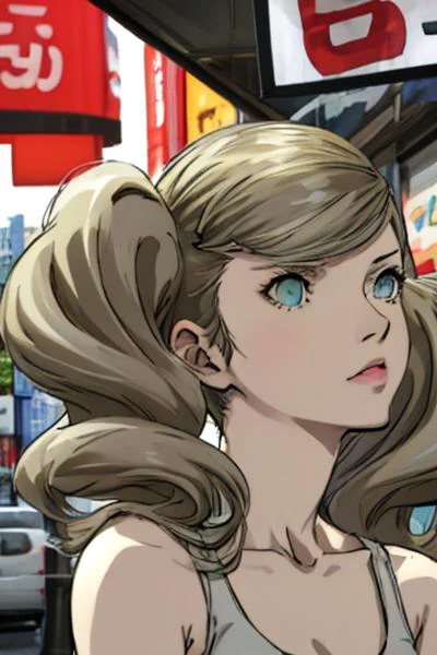 close-up ,masterpiece, best quality, 1girl, solo, dsann, blonde hair, long hair, twintails, blue eyes, tank top, crowded tokyo street, detailed background, soejima shigenori
< lora:dsann-v2:1 >