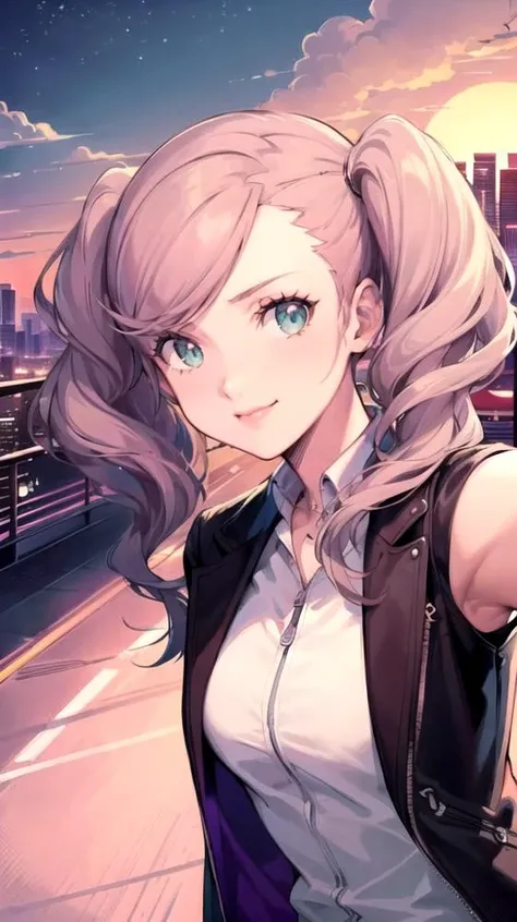 [best quality, masterpiece:5] (selfie:1.5), (retrowave:1.5), 1girl, (dsann:1.5), smile, road, blonde hair, long hair, twintails, swept bangs, blue eyes, city,  purple neon lights, sun, Tokio, beautiful eyes, looking away <lora:last:1> <lora:retrowave_0.12:0.8>
