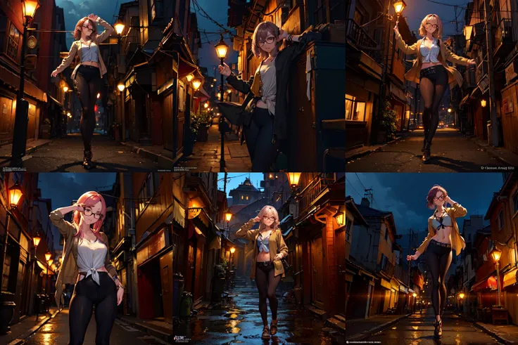 best quality, masterpiece, cinematic lighting, intricate, cinematic detailed realistic background, detailed face, full body, small breasts, realistic, ligne claire, 1girl , cityscape, night, tied shirt, looking at viewer, tattoo, model pose, open cardigan, ringed yellow eyes, streetlight, lamppost, yoga pants, split-color hair, glasses, (8k, best quality, masterpiece:1.2), ultra-detailed, Masterpiece, realistic lighting,masterpiece, best quality, masterpiece,best quality,official art,extremely detailed CG unity 8k wallpaper,
