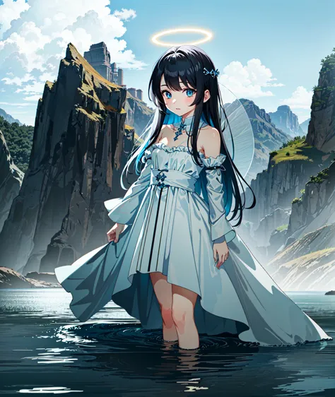 best quality, masterpiece, cinematic lighting, intricate, cinematic detailed realistic background, detailed face, full body, small breasts, ligne claire, detailed eyes, full body, highly detailed, vibrant colors, colorful, (chibi:1.1), realistic,
adorable cute smol 1girl, white cute dress, standing, wading, holy halo, smug, fantasy, fairy, descending heaven,