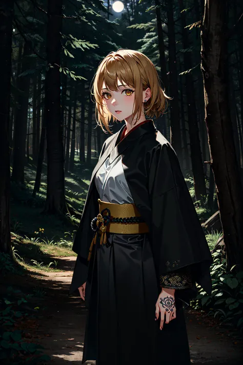 best quality, masterpiece, cinematic lighting, intricate, cinematic detailed realistic background, detailed face, full body, small breasts, realistic, ligne claire,
1girl in forest, magical, aura, night, samurai gear, looking at viewer, tattoo, model pose, ringed yellow eyes, split-color hair,