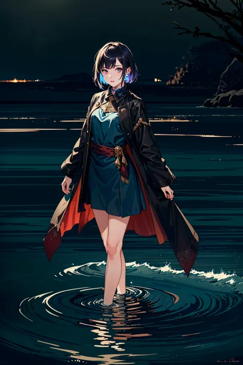 best quality, masterpiece, cinematic lighting, intricate, cinematic detailed realistic background, detailed face, full body, small breasts, realistic, ligne claire,
1girl in wading ocean, magical, aura, night, spell caster, looking at viewer, tattoo, purple eyes, split-color hair, dress, mystical,