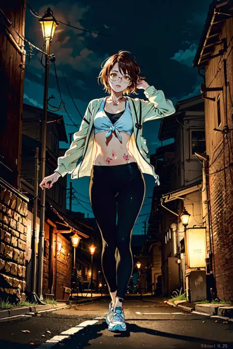 best quality, masterpiece, cinematic lighting, intricate, cinematic detailed realistic background, detailed face, full body, small breasts, realistic, ligne claire, 

1girl jogging, cityscape, night, tied shirt, looking at viewer, tattoo, model pose, open cardigan, ringed yellow eyes, streetlight, lamppost, yoga pants, split-color hair, glasses,

 <lora:taiwanDollLikeness_v10:0.3>