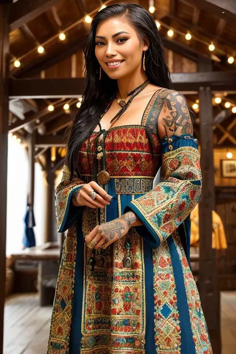 a portrait photo of CallingBull <lora:CallingBull:0.9>, smiling, tattoo, ((((fUkrainian folk dress)))), pronounced feminine feature, insane details, intricate details, hyperdetailed, complex background, medieval tavern, indoor, in the style of greg fredericks