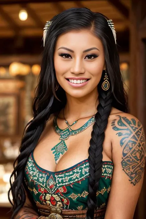 a portrait photo of   CallingBull <lora:CallingBull:0.9>, smiling, tattoo, ((((fUkrainian folk dress)))), pronounced feminine feature, insane details, intricate details, hyperdetailed, complex background, medieval tavern, indoor, in the style of greg fredericks