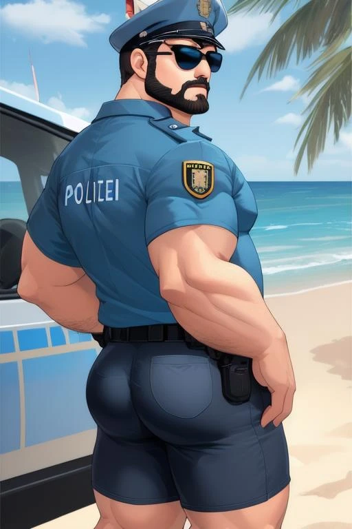 2 male policemen, gay, huge butts, massive ass, comically massive ass, round butt, wide butt, giant butt, full butt, one is grabbing the other man's ass, sexy men, attracted to each other