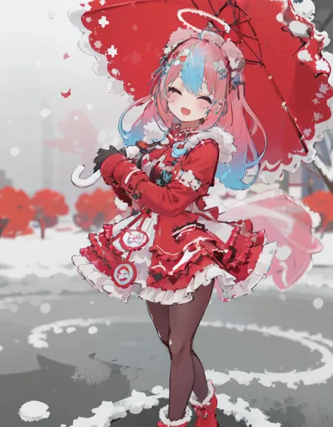 (masterpiece:1.2), (best quality:1.2), (ultra high res:1.2), 32k, (high saturation:1.2),(soft lighting:1.2),(depth of fields:1.2), perfect anatomy,
1girl,umbrellaLORA,smile,long hair, wind, black tights,hair between eyes, black gloves, hat, red fur trimmed coat, fur trimmed boots, snowy,
otomeame,<lora:otomeame:0.6>,<lora:umbrellaLORA:0.8>