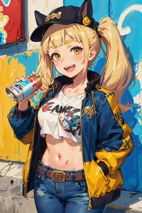 Original Character, Volumetric Lighting, Best Shadows, Shallow Depth of Field, Portrait Of Stunningly Beautiful Girl, Petite, Delicate Beautiful Attractive Face With Alluring Yellow Eyes, Messy Painted Face, Sharp Eyebrows, Broadly Smiling, Open Mouth, Fangs Out, Lovely Medium Breasts, Layered Long Twintail Blond Hair, Blush Eyeshadow, Thick Eyelashes, Applejack Hat, Oversized Pop Jacket, Mini Underboob Tee, Open Navel, Slim Waist, Denim Jeans Pants, With Buckle Belt, In The Graffiti Alley, Waste Container, Outside Stairs, Outdoor Unit, Holding Spray Paint Can, Standing, (Highest Quality, Amazing Details:1.25), (Solo:1.3), Brilliant Colorful Paintings