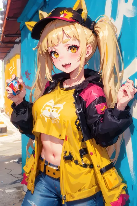 Original Character, Volumetric Lighting, Best Shadows, Shallow Depth of Field, Portrait Of Stunningly Beautiful Girl, Petite, Delicate Beautiful Attractive Face With Alluring Yellow Eyes, Messy Painted Face, Sharp Eyebrows, Broadly Smiling, Open Mouth, Fangs Out, Lovely Medium Breasts, Layered Long Twintail Blond Hair, Blush Eyeshadow, Thick Eyelashes, Applejack Hat, Oversized Pop Jacket, Mini Underboob Tee, Open Navel, Slim Waist, Denim Jeans Pants, With Buckle Belt, In The Graffiti Alley, Waste Container, Outside Stairs, Outdoor Unit, Holding Spray Paint Can, Standing, (Highest Quality, Amazing Details:1.25), (Solo:1.3), Brilliant Colorful Paintings