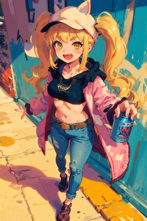 Original Character, Volumetric Lighting, Best Shadows, Shallow Depth of Field, Portrait Of Stunningly Beautiful Girl, Petite, Delicate Beautiful Attractive Face With Alluring Yellow Eyes, Messy Painted Face, Sharp Eyebrows, Broadly Smiling, Open Mouth, Fangs Out, Lovely Medium Breasts, Layered Long Twintail Blond Hair, Blush Eyeshadow, Thick Eyelashes, Applejack Hat, Oversized Pop Jacket, Mini Underboob Tee, Open Navel, Slim Waist, Denim Jeans Pants, With Buckle Belt, In The Graffiti Alley, Waste Container, Outside Stairs, Outdoor Unit, Holding Spray Paint Can, Standing, (Highest Quality, Amazing Details:1.25), (Solo:1.3), Brilliant Colorful Paintings