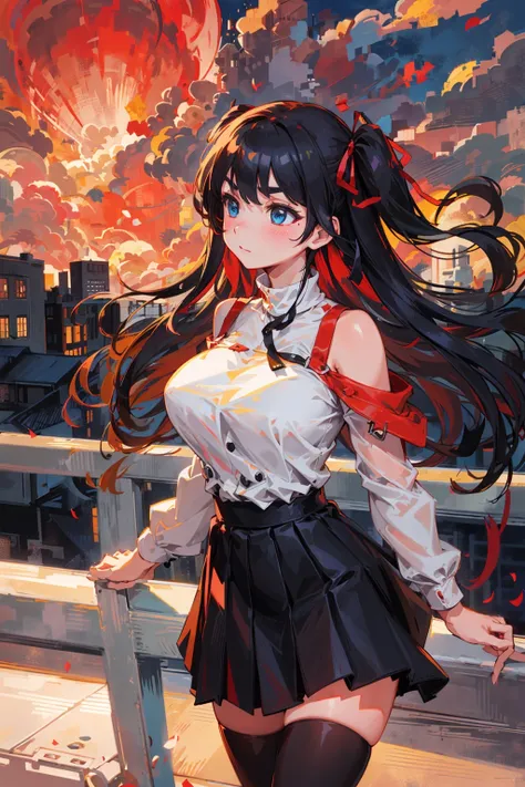 Candid Shot At Girl Picture, Volumetric Lighting, Best Shadows, Shallow Depth of Field, Portrait Of Stunningly Beautiful Girl, Delicate Beautiful Attractive Face With Alluring Sharp Blue Eyes, Sharp Eyebrows, Enjoying The Scenery, Closed Mouth, Lovely Large Breasts, two side up, Layered Long Black Hair, Windswept Hair, Hair Ribbon, Blush Eyeshadow, Thick Eyelashes, Cross On The Red Turtleneck Shirt, Long Sleeve, Slim Waist, Black Short Pleated Skirt, Thigh Gap, Black Thigh-High Stockings, Red Sky At Night, Clouds, School Rooftop, Under Red Moon, Rooftop Guardrails, Villagescape, Facing Away, Side View of Leaning On Railing, Shoulder Blades, (Highest Quality, Amazing Details:1.25), (Solo:1.3), Brilliant Colorful Paintings