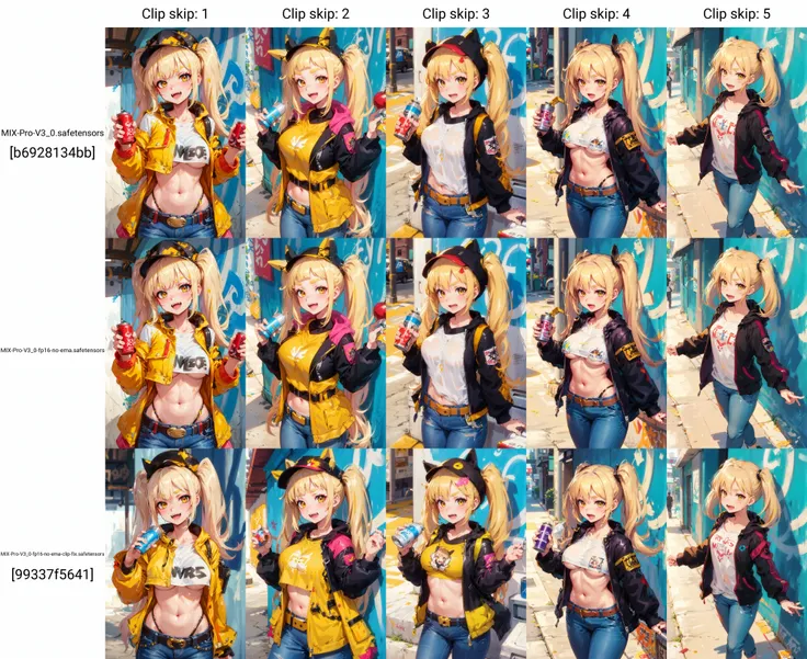 Original Character, Volumetric Lighting, Best Shadows, Shallow Depth of Field, Portrait Of Stunningly Beautiful Girl, Petite, Delicate Beautiful Attractive Face With Alluring Yellow Eyes, Messy Painted Face, Sharp Eyebrows, Broadly Smiling, Open Mouth, Fangs Out, Lovely Medium Breasts, Layered Long Twintail Blond Hair, Blush Eyeshadow, Thick Eyelashes, Applejack Hat, Oversized Pop Jacket, Mini Underboob Tee, Open Navel, Slim Waist, Denim Jeans Pants, With Buckle Belt, In The Graffiti Alley, Waste Container, Outside Stairs, Outdoor Unit, Holding Spray Paint Can, Standing, (Highest Quality, Amazing Details:1.25), (Solo:1.3), Brilliant Colorful Paintings