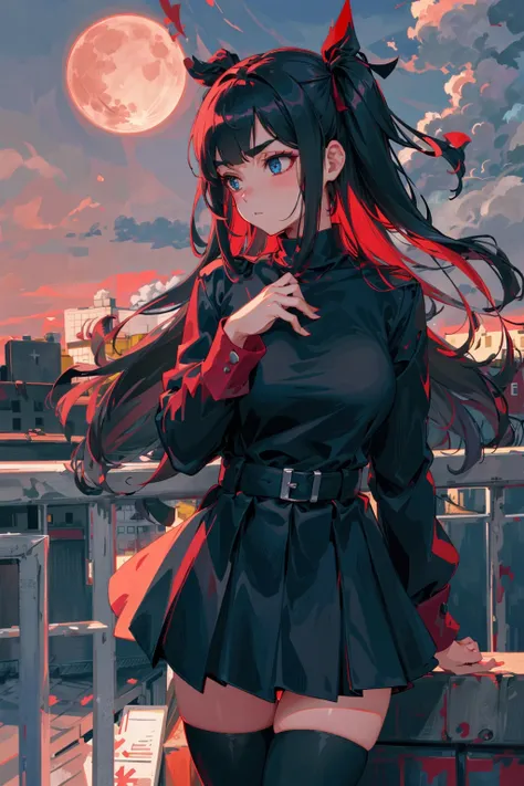 Candid Shot At Girl Picture, Volumetric Lighting, Best Shadows, Shallow Depth of Field, Portrait Of Stunningly Beautiful Girl, Delicate Beautiful Attractive Face With Alluring Sharp Blue Eyes, Sharp Eyebrows, Enjoying The Scenery, Closed Mouth, Lovely Large Breasts, two side up, Layered Long Black Hair, Windswept Hair, Hair Ribbon, Blush Eyeshadow, Thick Eyelashes, Cross On The Red Turtleneck Shirt, Long Sleeve, Slim Waist, Black Short Pleated Skirt, Thigh Gap, Black Thigh-High Stockings, Red Sky At Night, Clouds, School Rooftop, Under Red Moon, Rooftop Guardrails, Villagescape, Facing Away, Side View of Leaning On Railing, Shoulder Blades, (Highest Quality, Amazing Details:1.25), (Solo:1.3), Brilliant Colorful Paintings
