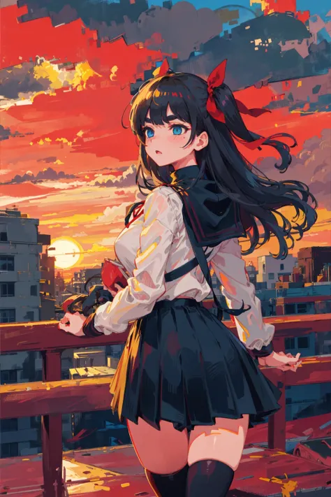 Candid Shot At Girl Picture, Volumetric Lighting, Best Shadows, Shallow Depth of Field, Portrait Of Stunningly Beautiful Girl, Delicate Beautiful Attractive Face With Alluring Sharp Blue Eyes, Sharp Eyebrows, Enjoying The Scenery, Closed Mouth, Lovely Large Breasts, two side up, Layered Long Black Hair, Windswept Hair, Hair Ribbon, Blush Eyeshadow, Thick Eyelashes, Cross On The Red Turtleneck Shirt, Long Sleeve, Slim Waist, Black Short Pleated Skirt, Thigh Gap, Black Thigh-High Stockings, Red Sky At Night, Clouds, School Rooftop, Under Red Moon, Rooftop Guardrails, Villagescape, Facing Away, Side View of Leaning On Railing, Shoulder Blades, (Highest Quality, Amazing Details:1.25), (Solo:1.3), Brilliant Colorful Paintings