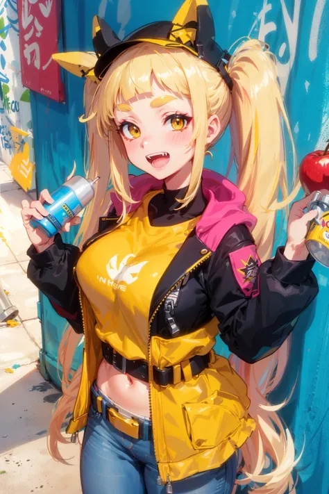 Original Character, Volumetric Lighting, Best Shadows, Shallow Depth of Field, Portrait Of Stunningly Beautiful Girl, Petite, Delicate Beautiful Attractive Face With Alluring Yellow Eyes, Messy Painted Face, Sharp Eyebrows, Broadly Smiling, Open Mouth, Fangs Out, Lovely Medium Breasts, Layered Long Twintail Blond Hair, Blush Eyeshadow, Thick Eyelashes, Applejack Hat, Oversized Pop Jacket, Mini Underboob Tee, Open Navel, Slim Waist, Denim Jeans Pants, With Buckle Belt, In The Graffiti Alley, Waste Container, Outside Stairs, Outdoor Unit, Holding Spray Paint Can, Standing, (Highest Quality, Amazing Details:1.25), (Solo:1.3), Brilliant Colorful Paintings