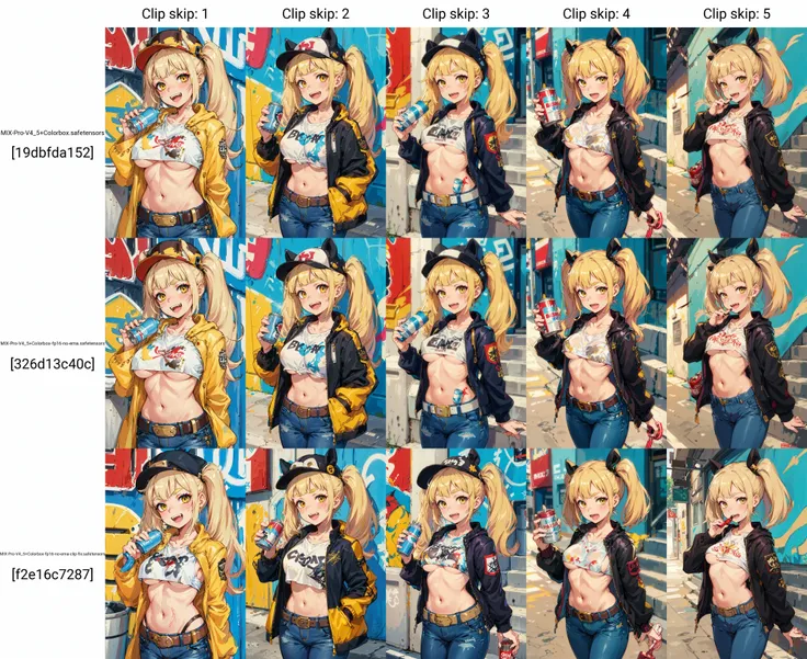 Original Character, Volumetric Lighting, Best Shadows, Shallow Depth of Field, Portrait Of Stunningly Beautiful Girl, Petite, Delicate Beautiful Attractive Face With Alluring Yellow Eyes, Messy Painted Face, Sharp Eyebrows, Broadly Smiling, Open Mouth, Fangs Out, Lovely Medium Breasts, Layered Long Twintail Blond Hair, Blush Eyeshadow, Thick Eyelashes, Applejack Hat, Oversized Pop Jacket, Mini Underboob Tee, Open Navel, Slim Waist, Denim Jeans Pants, With Buckle Belt, In The Graffiti Alley, Waste Container, Outside Stairs, Outdoor Unit, Holding Spray Paint Can, Standing, (Highest Quality, Amazing Details:1.25), (Solo:1.3), Brilliant Colorful Paintings