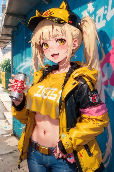 Original Character, Volumetric Lighting, Best Shadows, Shallow Depth of Field, Portrait Of Stunningly Beautiful Girl, Petite, Delicate Beautiful Attractive Face With Alluring Yellow Eyes, Messy Painted Face, Sharp Eyebrows, Broadly Smiling, Open Mouth, Fangs Out, Lovely Medium Breasts, Layered Long Twintail Blond Hair, Blush Eyeshadow, Thick Eyelashes, Applejack Hat, Oversized Pop Jacket, Mini Underboob Tee, Open Navel, Slim Waist, Denim Jeans Pants, With Buckle Belt, In The Graffiti Alley, Waste Container, Outside Stairs, Outdoor Unit, Holding Spray Paint Can, Standing, (Highest Quality, Amazing Details:1.25), (Solo:1.3), Brilliant Colorful Paintings