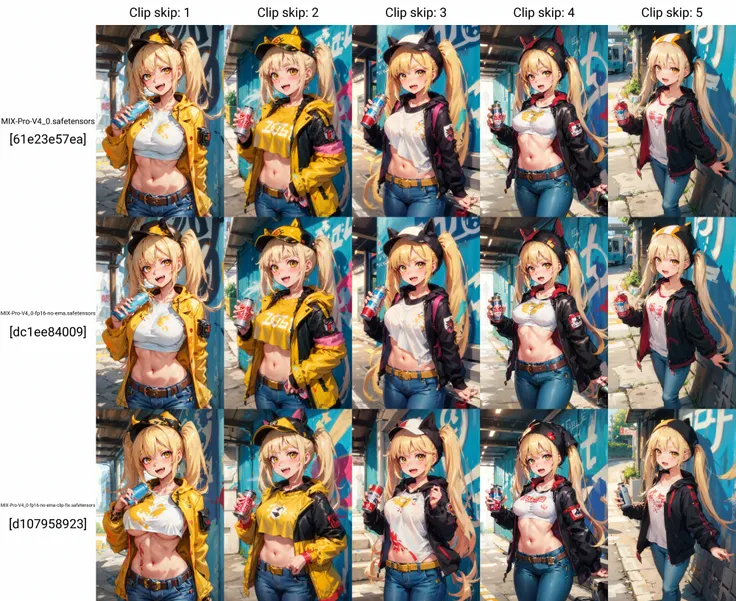 Original Character, Volumetric Lighting, Best Shadows, Shallow Depth of Field, Portrait Of Stunningly Beautiful Girl, Petite, Delicate Beautiful Attractive Face With Alluring Yellow Eyes, Messy Painted Face, Sharp Eyebrows, Broadly Smiling, Open Mouth, Fangs Out, Lovely Medium Breasts, Layered Long Twintail Blond Hair, Blush Eyeshadow, Thick Eyelashes, Applejack Hat, Oversized Pop Jacket, Mini Underboob Tee, Open Navel, Slim Waist, Denim Jeans Pants, With Buckle Belt, In The Graffiti Alley, Waste Container, Outside Stairs, Outdoor Unit, Holding Spray Paint Can, Standing, (Highest Quality, Amazing Details:1.25), (Solo:1.3), Brilliant Colorful Paintings