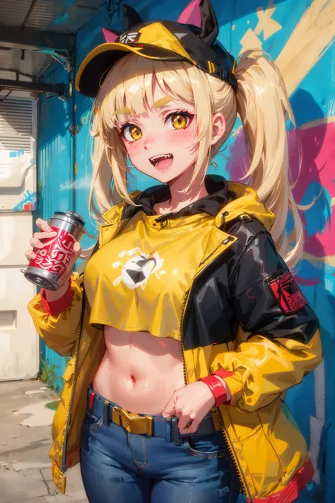 Original Character, Volumetric Lighting, Best Shadows, Shallow Depth of Field, Portrait Of Stunningly Beautiful Girl, Petite, Delicate Beautiful Attractive Face With Alluring Yellow Eyes, Messy Painted Face, Sharp Eyebrows, Broadly Smiling, Open Mouth, Fangs Out, Lovely Medium Breasts, Layered Long Twintail Blond Hair, Blush Eyeshadow, Thick Eyelashes, Applejack Hat, Oversized Pop Jacket, Mini Underboob Tee, Open Navel, Slim Waist, Denim Jeans Pants, With Buckle Belt, In The Graffiti Alley, Waste Container, Outside Stairs, Outdoor Unit, Holding Spray Paint Can, Standing, (Highest Quality, Amazing Details:1.25), (Solo:1.3), Brilliant Colorful Paintings