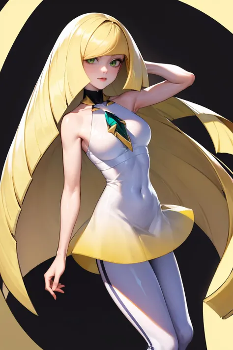 best quality, breast suppress, <lora:lusamine-pokemon-richy-v1:.9> lusaminedef, mature female, very long hair, gem, sleeveless dress, short dress, white leggings,