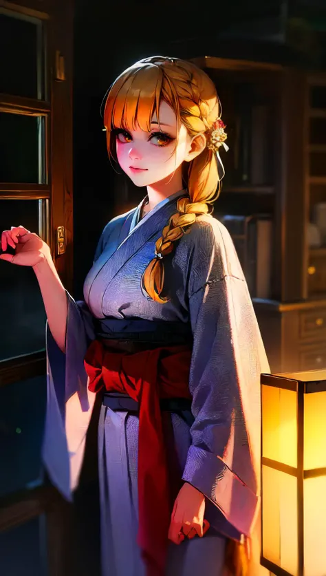 (best quality, high quality, photograph, hyperrealism, masterpiece, 8k:1.3), 1girl, Macanese, rough, nsfw, yellow kimono, dutch braid hair, envious, Enchanting Forest Lighting, A combination of moonlight and dappled light, adding a fairy-tale-like charm, trending on Unsplash, concept art, shot by diane arbus, wide angle, wide shot, cowboy shot